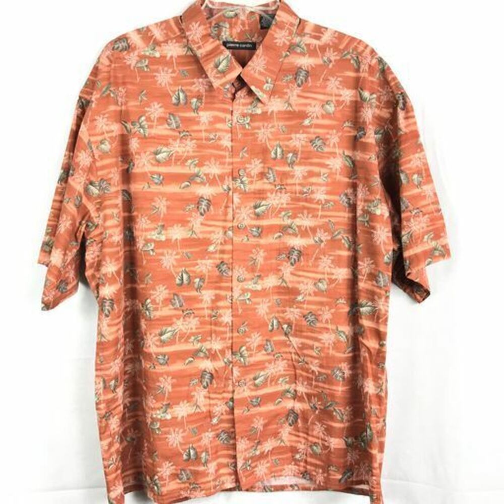 Pierre Cardin Shirt Mens Sz XXL Orange Hawaiian Tropical Cotton Button Down